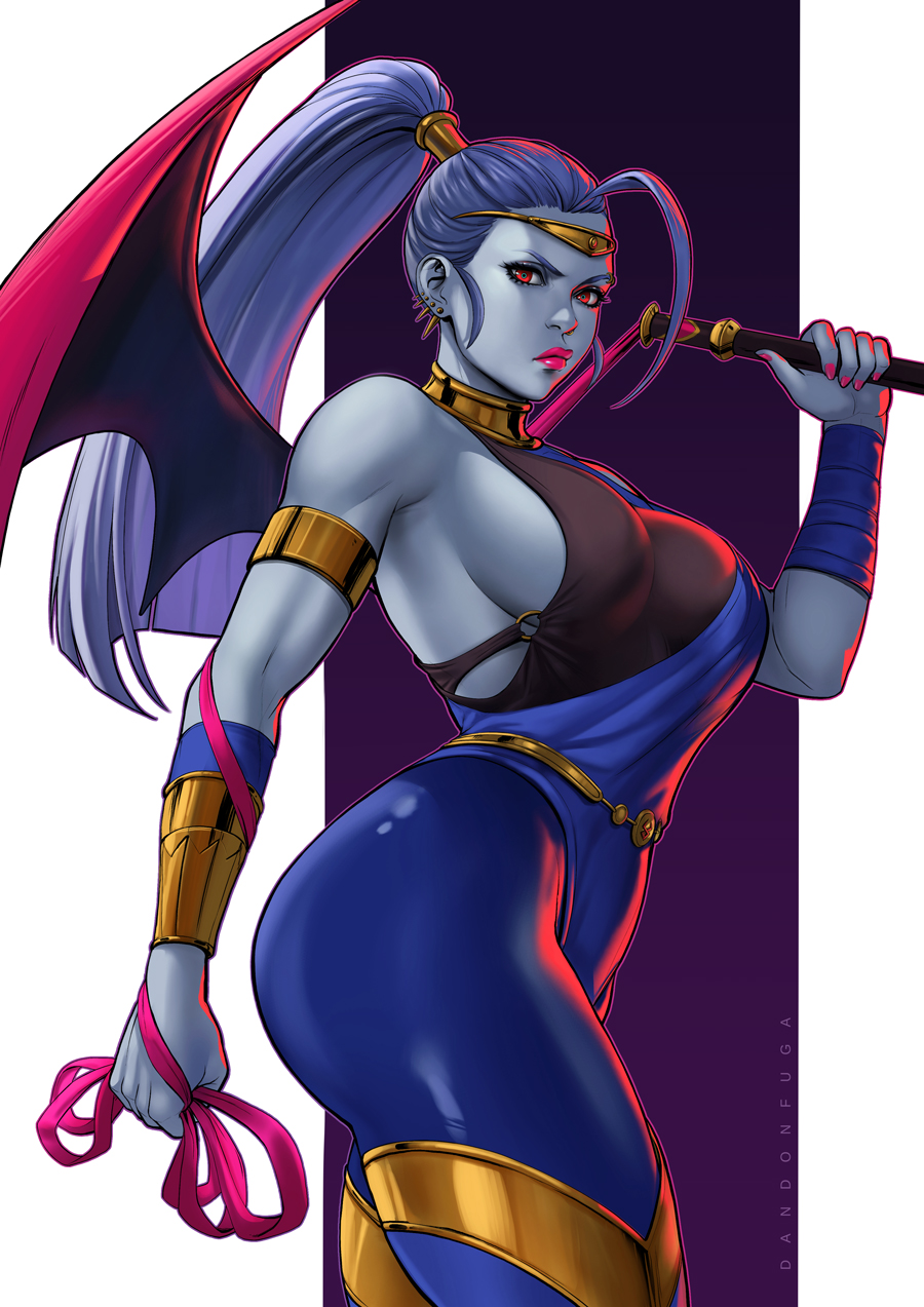 1girl, armlet, ass, bare_shoulders, breasts, dandon_fuga, diadem, earrings, hades_(game), highres, jewelry, large_breasts, lips, lipstick, long_hair, looking_at_viewer, makeup, megaera_(hades), muscle, pink_eyes, ponytail, pout, purple_hair, purple_skin, red_eyes, sideboob, single_wing, solo, standing, thick_thighs, thighs, whip, wings