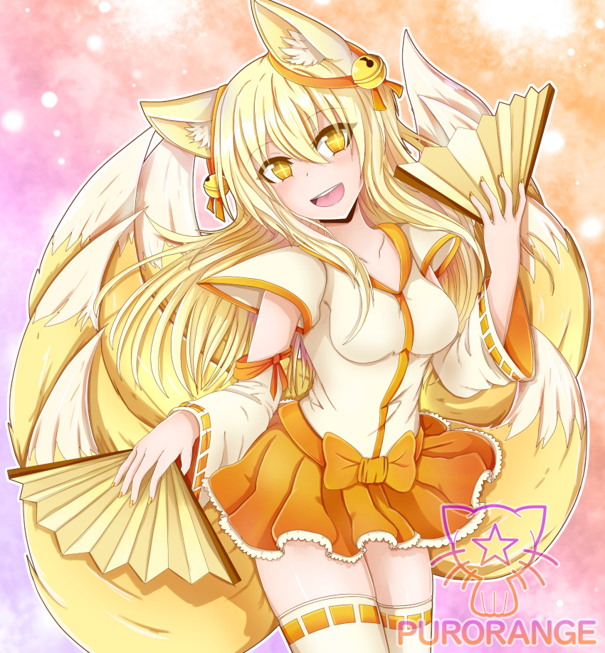 1girl, absurdres, animal_ears, bell, blonde_hair, fan, fox_ears, fox_girl