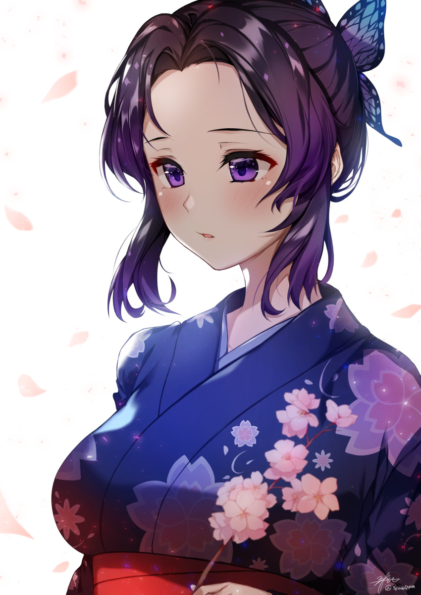 1girl, bad_id, bad_pixiv_id, blue_kimono, blush, breasts, butterfly_hair_ornament, commentary_request