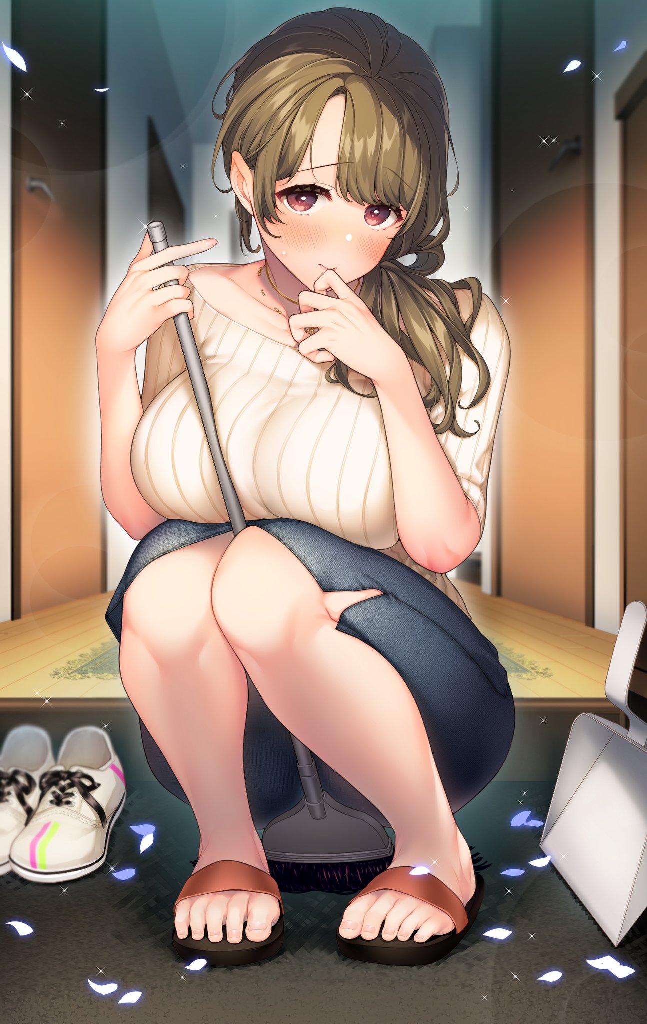 1girl, blush, breast_hold, breasts, broom, collarbone, come_hither, denim