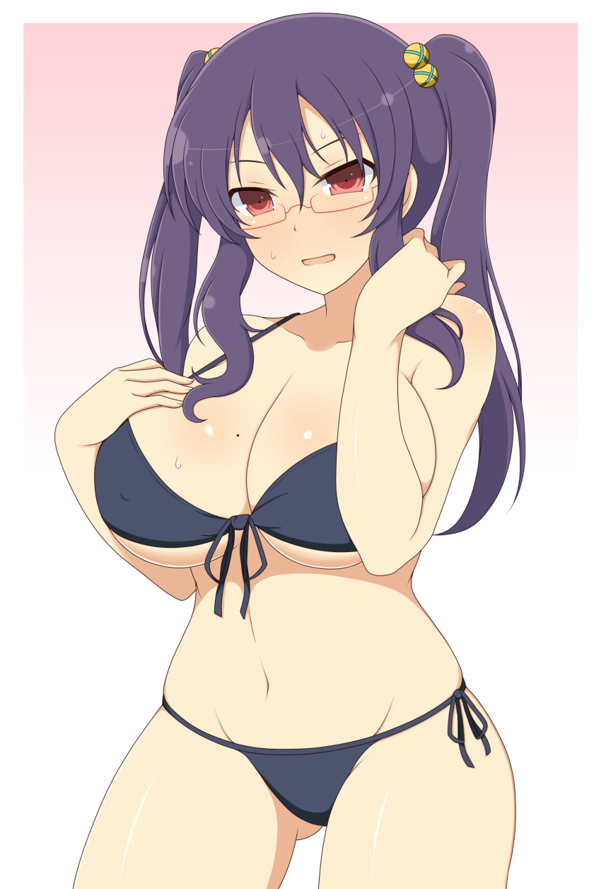 1girl, :o, alternate_hairstyle, bikini, breasts, embarrassed, front-tie_bikini, front-tie_top
