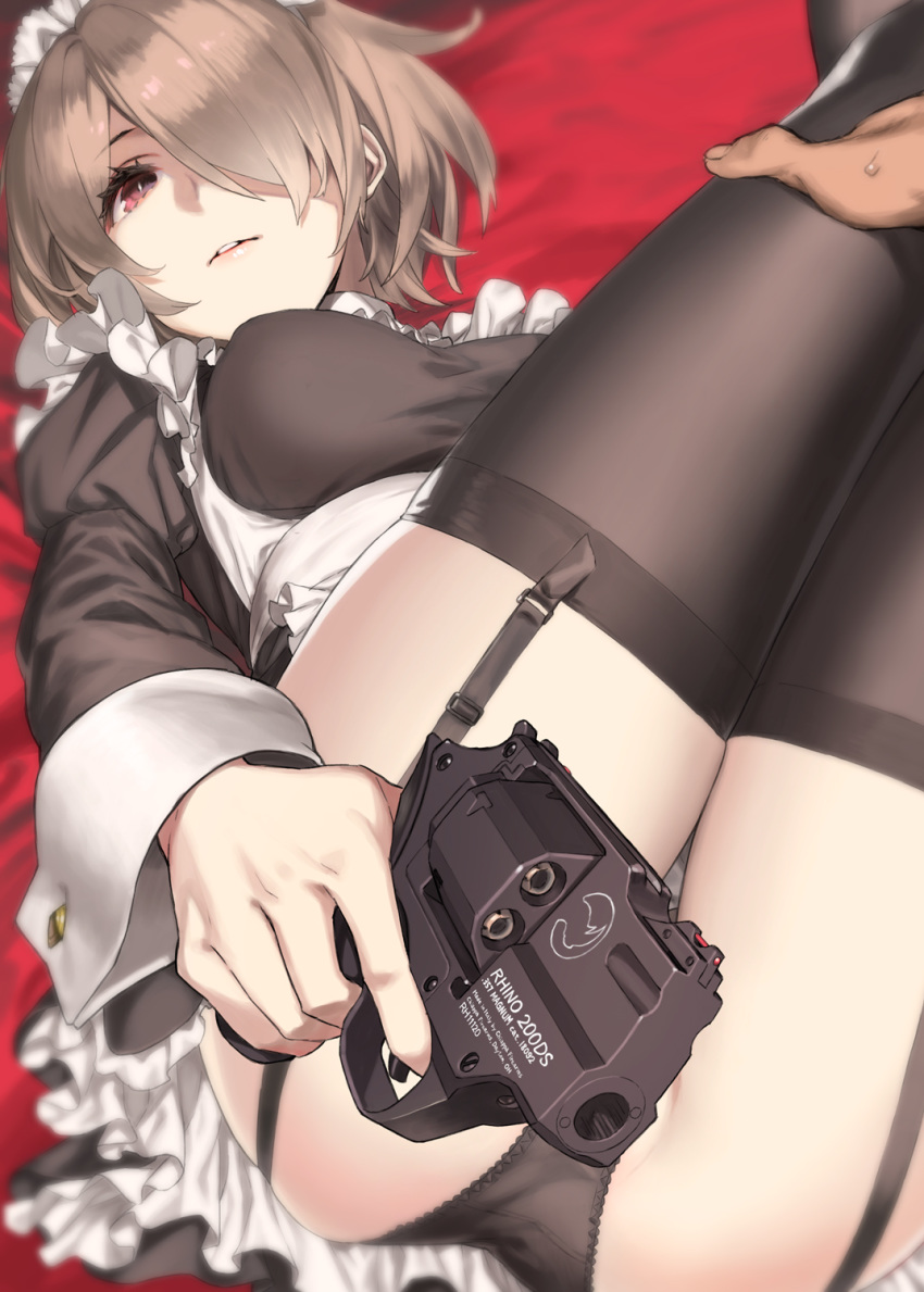 1boy, 1girl, 92m, apron, ass, bangs, black_dress, black_legwear, black_panties, breasts, breasts_apart, chiappa_rhino, dress, expressionless, finger_on_trigger, frills, garter_straps, gun, hair_over_one_eye, handgun, highres, holding, holding_gun, holding_leg, holding_weapon, juliet_sleeves, large_breasts, light_brown_hair, long_sleeves, looking_at_viewer, lying, maid, maid_headdress, on_back, original, panties, parted_lips, puffy_sleeves, rhino_revolver_200ds, short_hair, sidelocks, skindentation, solo_focus, thigh-highs, thighs, underwear, weapon, white_apron