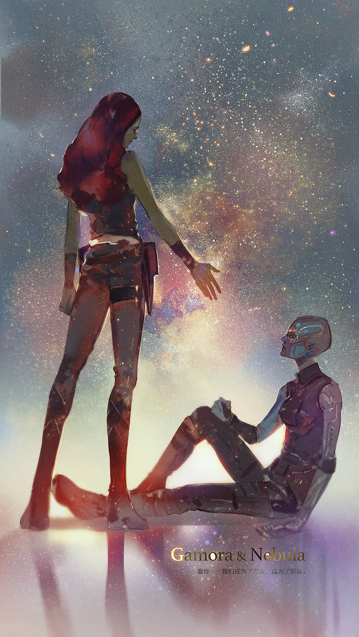 2girls, bald, blue_skin, boots, galaxy, gamora, green_skin, guardians_of_the_galaxy, highres, knee_boots, long_hair, looking_at_another, marvel, mlcamaro, multicolored_hair, multiple_girls, nebula_(gotg), outstretched_hand, pants, siblings, sisters, sitting, sleeveless, space, standing, star