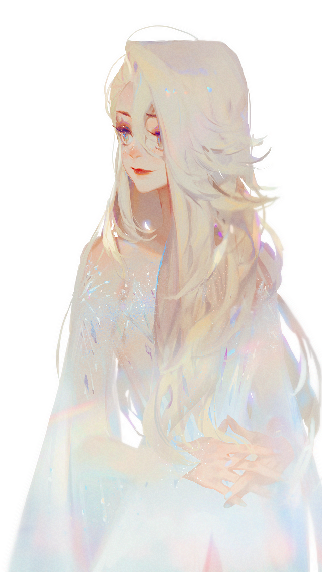 1girl, closed_mouth, collarbone, dress, elsa_(frozen), eyelashes, frozen_(disney), frozen_2, holding_hands, lips, lipstick, long_hair, long_sleeves, makeup, mlcamaro, shiny, shiny_clothes, smile, solo, strapless, strapless_dress, white_dress, white_hair