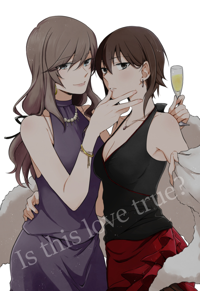 2girls, age_difference, arm_around_shoulder, arm_around_waist, bangs, black_shirt, bracelet, breasts, brown_eyes, brown_hair, champagne_flute, closed_mouth, commentary, cup, dress, drinking_glass, earrings, english_text, eyebrows_visible_through_hair, formal, girls_und_panzer, half-closed_eyes, halterneck, hand_on_another's_face, holding, holding_cup, jewelry, lips, long_hair, looking_at_viewer, mature, medium_breasts, multiple_girls, necklace, nishizumi_maho, pearl_necklace, purple_dress, red_skirt, shawl, shimada_chiyo, shirt, short_hair, simple_background, skirt, sleeves, smile, standing, white_background, yuri, yuuhi_(arcadia)