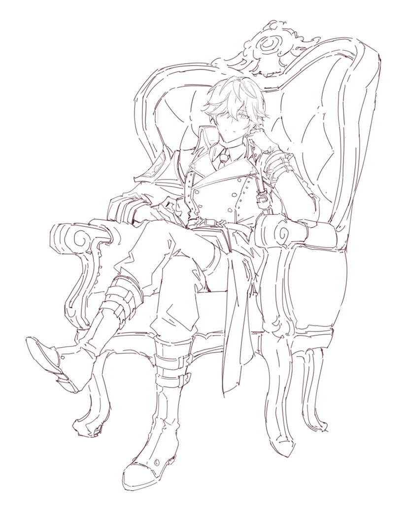 1boy, book, boots, chair, closed_mouth, code_vein, crossed_legs, grey_background