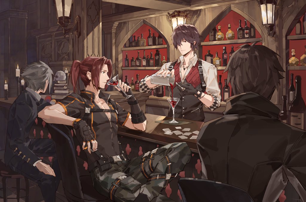 4boys, ambiguous_red_liquid, bar, bartender, belt, black_gloves, book, book_stack