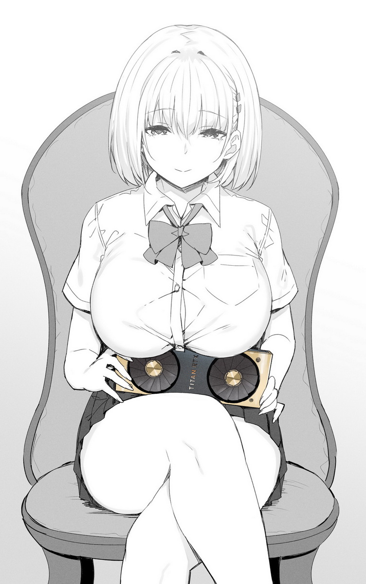 1girl, bob_cut, bow, bowtie, breasts, button_gap, chair, crossed_legs