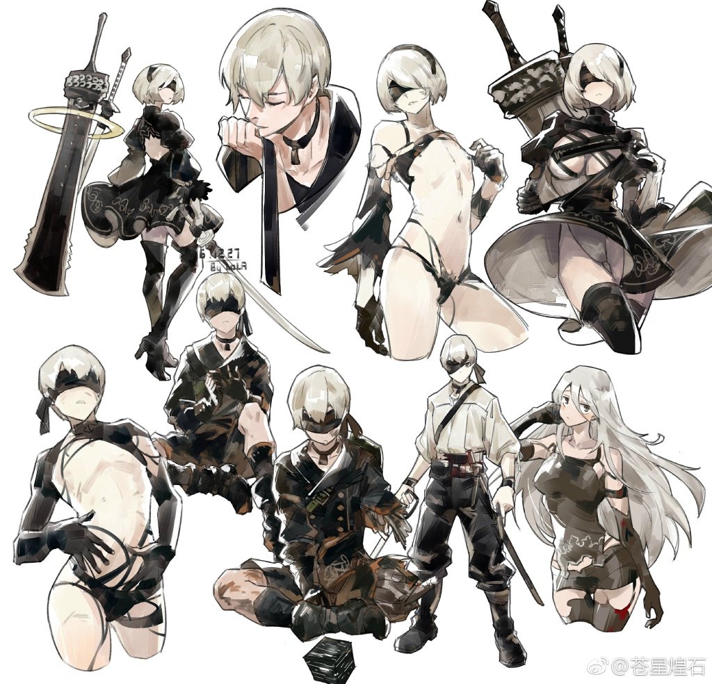 1girl, 2boys, alternate_costume, arm_up, back, black_blindfold, black_choker, black_gloves
