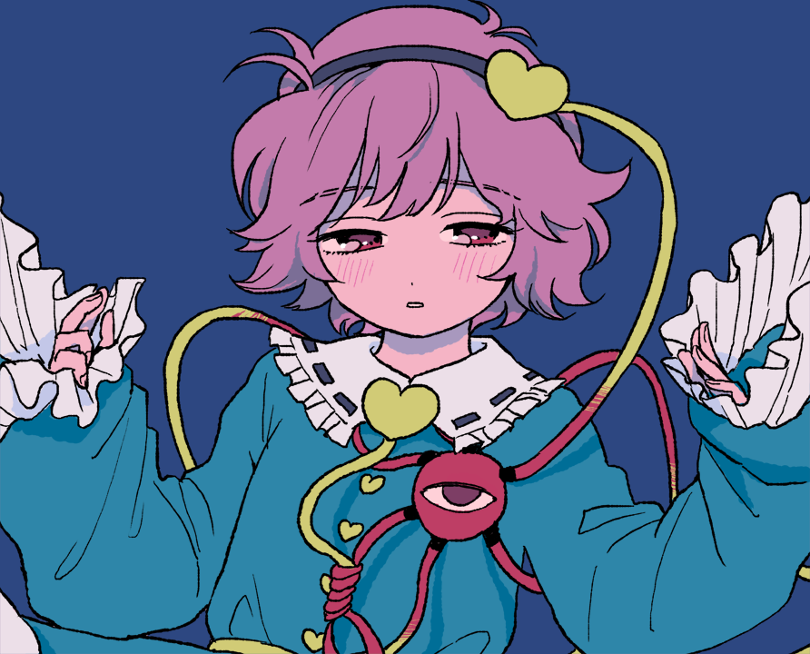 blouse, blue_background, blue_blouse, discowars, eyeball, eyebrows_visible_through_hair, frilled_shirt_collar, frilled_sleeves
