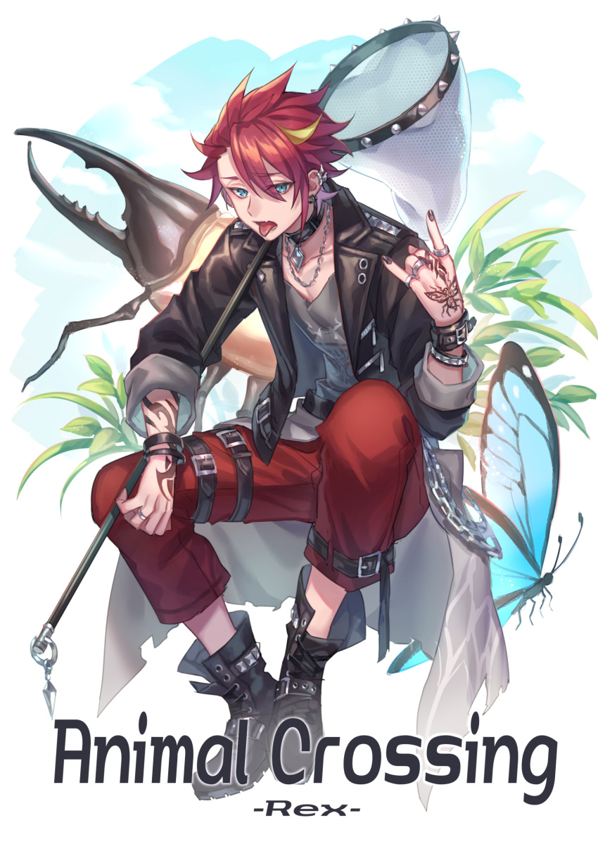 1boy, absurdres, blonde_hair, blue_eyes, boots, bug, butterfly, character_name, choker, commentary_request, copyright_name, doubutsu_no_mori, grass, highres, insect, jewelry, leaf, male_focus, multicolored_hair, nail_polish, open_mouth, personification, piercing, redhead, rex_(doubutsu_no_mori), ring, rock, sitting, solo, tattoo, tongue, tongue_out, two-tone_hair, white_background, zoff_(daria)