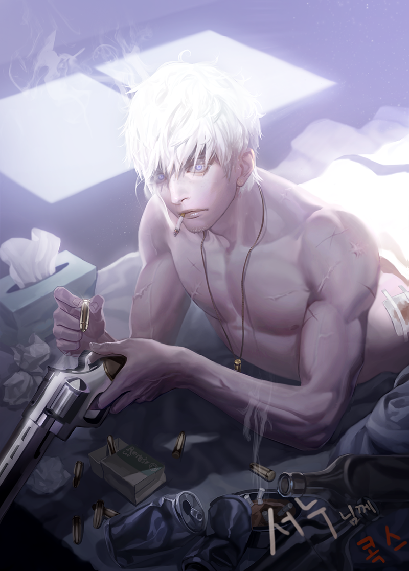 1boy, ashtray, bandages, blanket, blood, blood_stain, blue_eyes, bottle