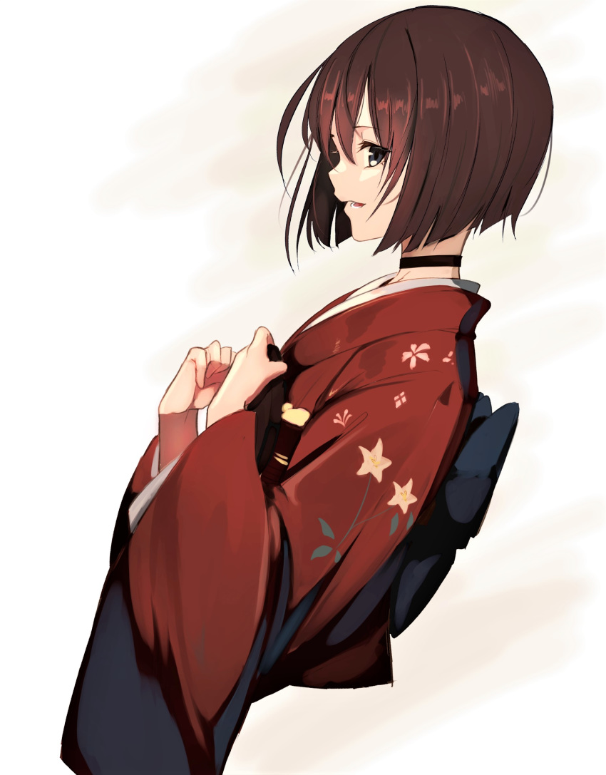 1girl, bangs, blue_eyes, bob_cut, brown_hair, choker, floral_print, from_side