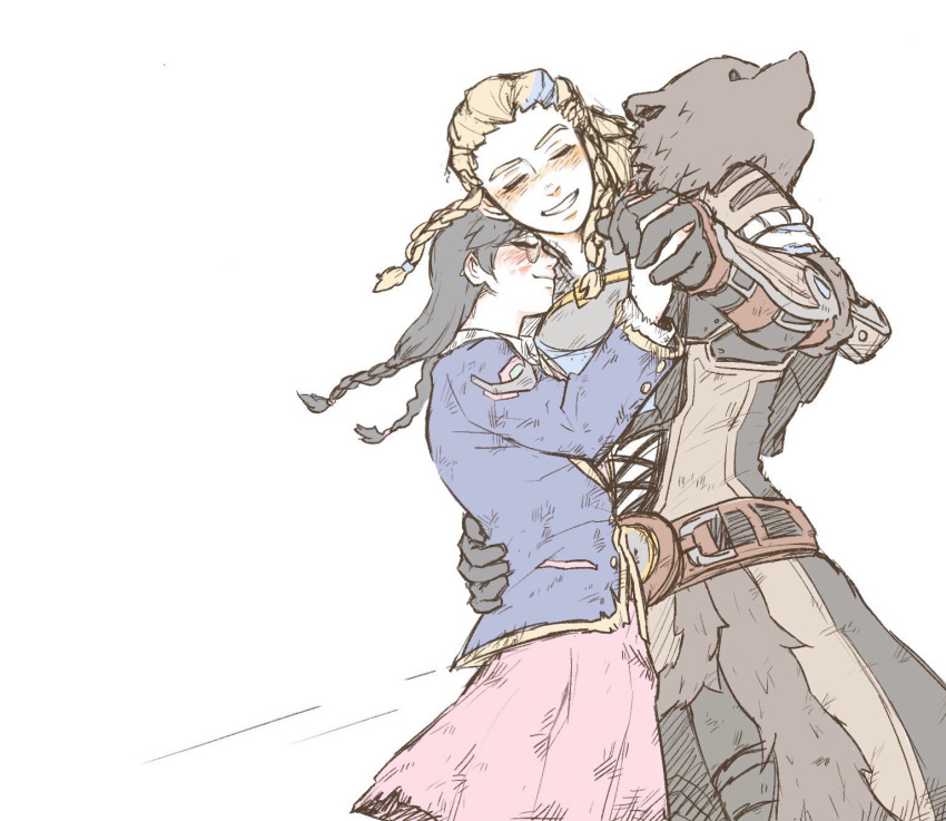 2girls, academy_d.va, alternate_costume, alternate_hair_color, alternate_hairstyle, bear_pelt, belt, bespectacled
