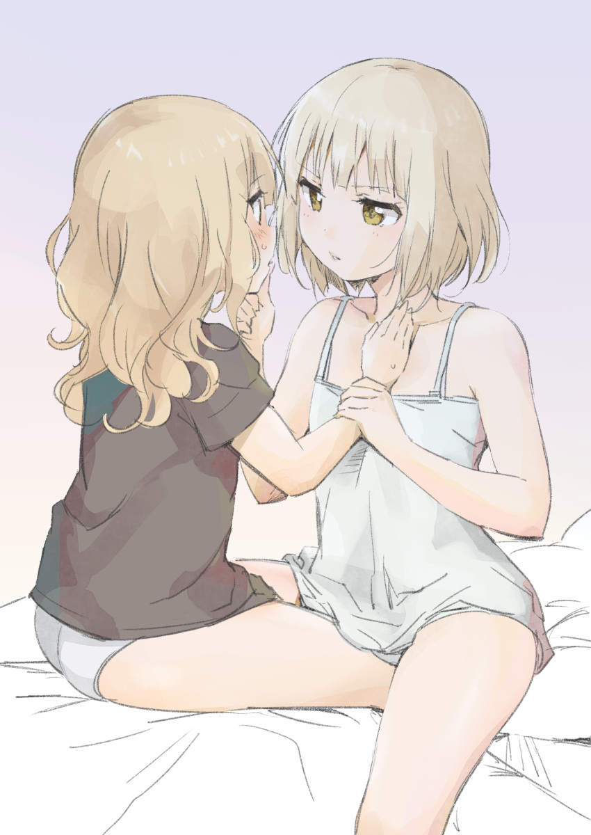 2girls, absurdres, ass, bare_shoulders, bed, black_shirt, blonde_hair, blue_background
