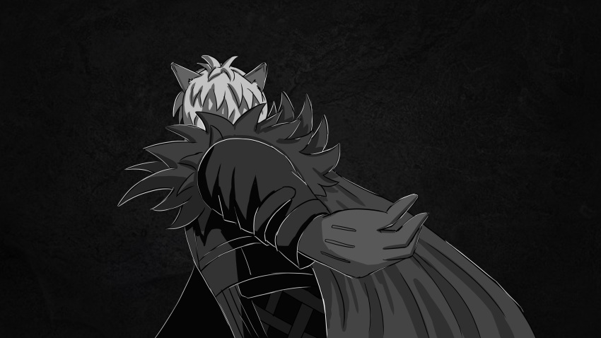 1boy, absurdres, animal_ears, arknights, back_turned, english_commentary, english_text, fur-trimmed_sleeves