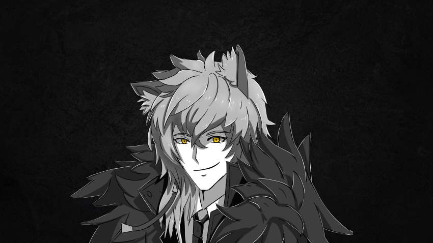1boy, absurdres, animal_ears, arknights, asymmetrical_hair, black_background, english_commentary, english_text