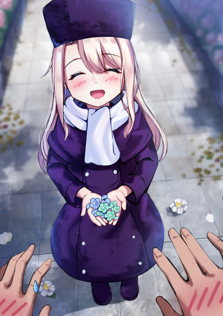 1girl, :d, ^_^, bangs, blue_flower, blurry, blurry_background, blush