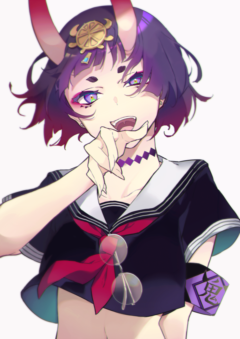 1girl, :d, armband, black_shirt, collarbone, commentary_request, earrings, eyewear_hang, eyewear_removed, fate/grand_order, fate_(series), fujikiri_yana, glasses, hand_up, headpiece, highres, horns, jewelry, looking_at_viewer, navel, neckerchief, oni, oni_horns, open_mouth, purple_hair, red_neckwear, sailor_collar, school_uniform, serafuku, shirt, short_eyebrows, short_hair, short_sleeves, shuten_douji_(fate/grand_order), simple_background, smile, solo, stud_earrings, thick_eyebrows, upper_body, violet_eyes, white_background, white_sailor_collar