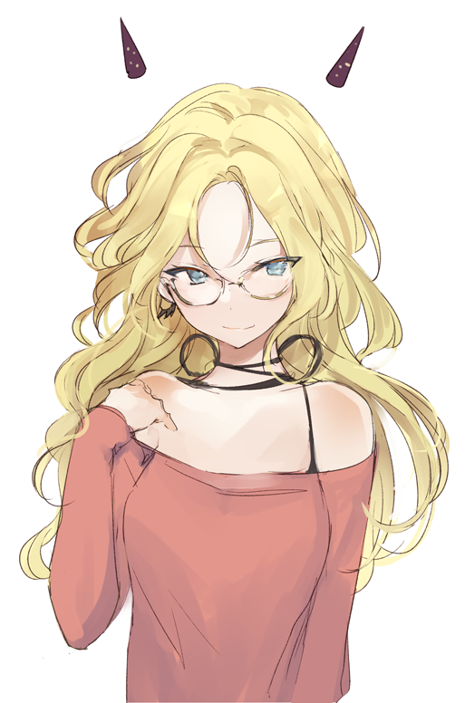 1girl, bangs, blonde_hair, blue_eyes, breasts, brown-framed_eyewear, brown_shirt, closed_mouth
