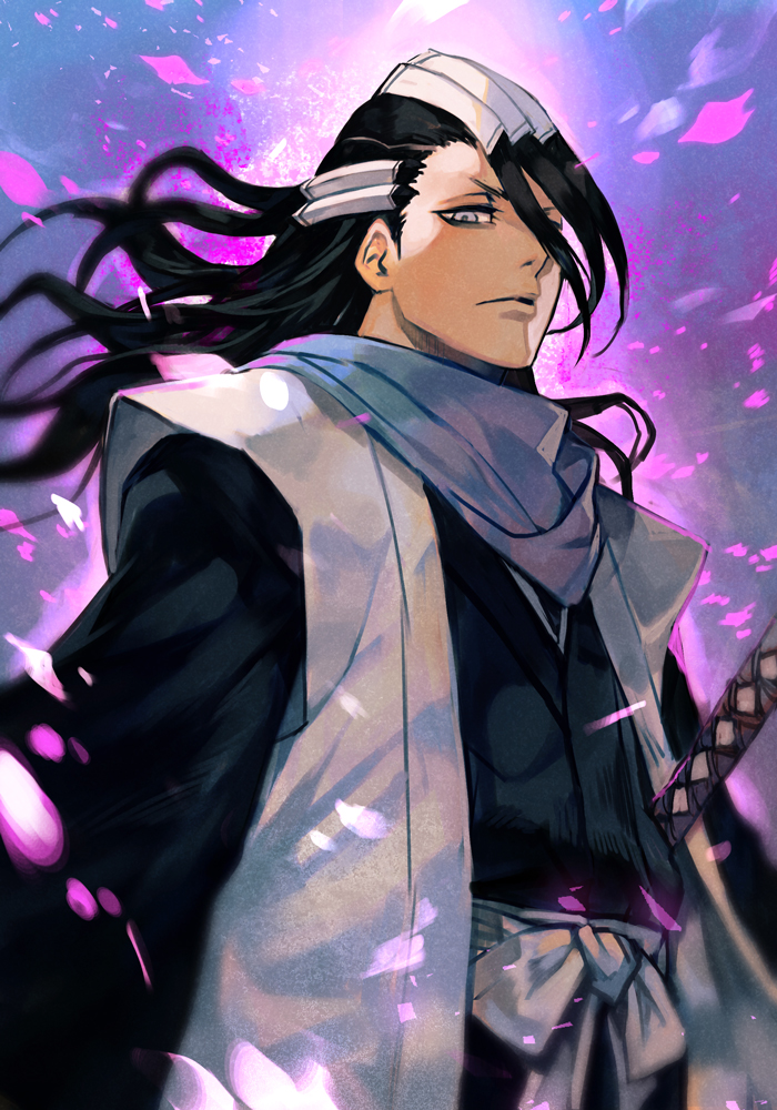 1boy, bankai, black_hair, black_kimono, bleach, closed_mouth, hair_ornament, hair_over_one_eye