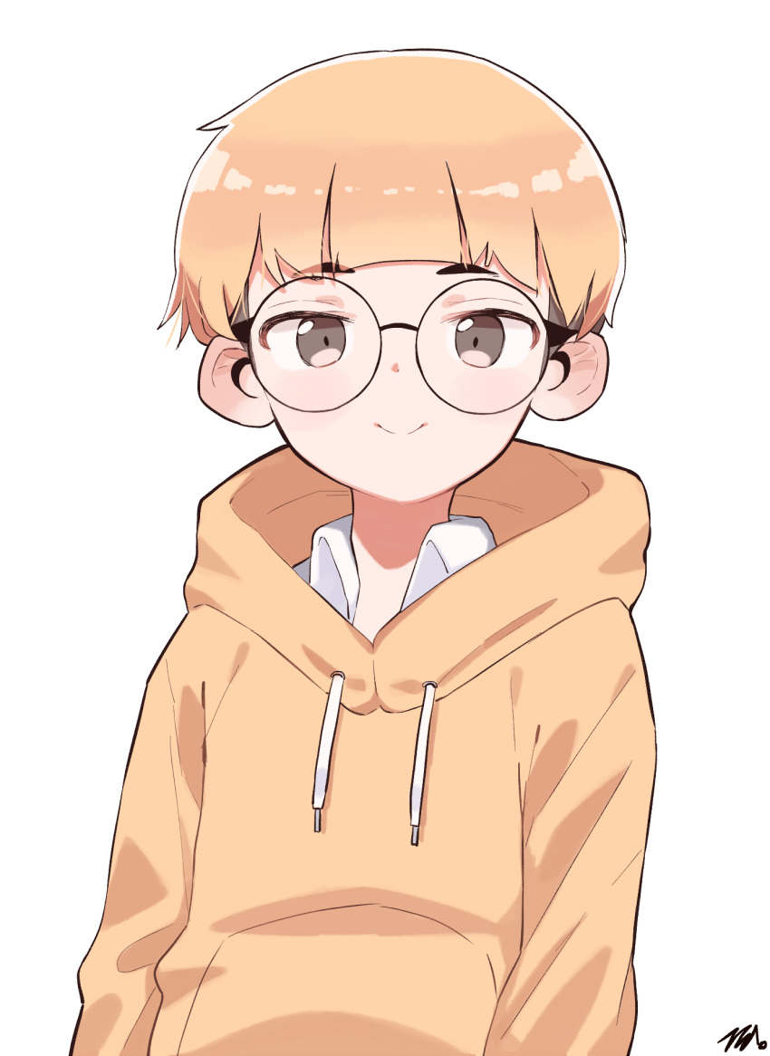 1boy, bangs, black-framed_eyewear, brown_hoodie, collared_shirt, commentary_request, drawstring, eyebrows_visible_through_hair