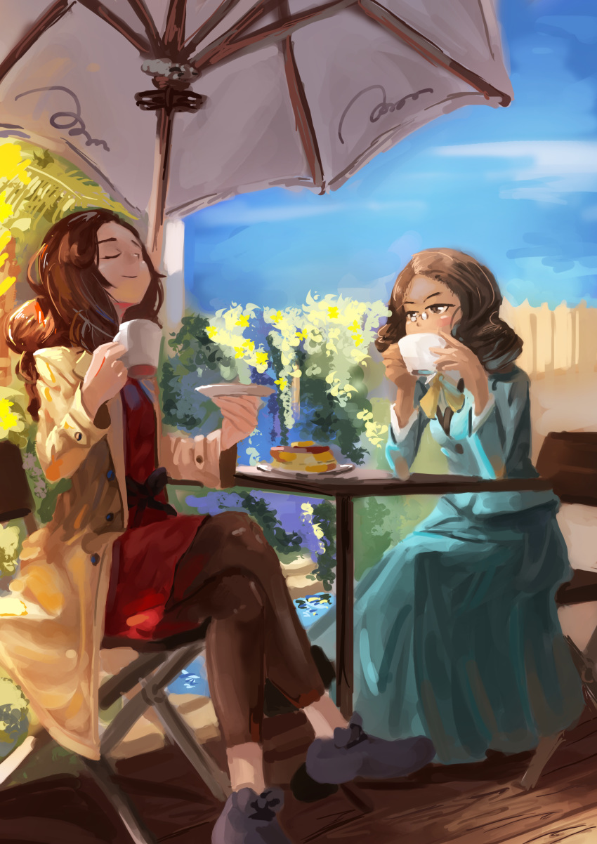 2girls, absurdres, black_footwear, blue_dress, bow, brown_eyes, brown_hair, chair, closed_eyes, coat, crossed_legs, cup, day, dress, flower, geraldine_lawyer, glasses, highres, katrielle_layton, layton's_mystery_journey, long_hair, mug, multiple_girls, outdoors, professor_layton, ririri, sitting, table, tea, umbrella, yellow_bow, yellow_coat, yuri