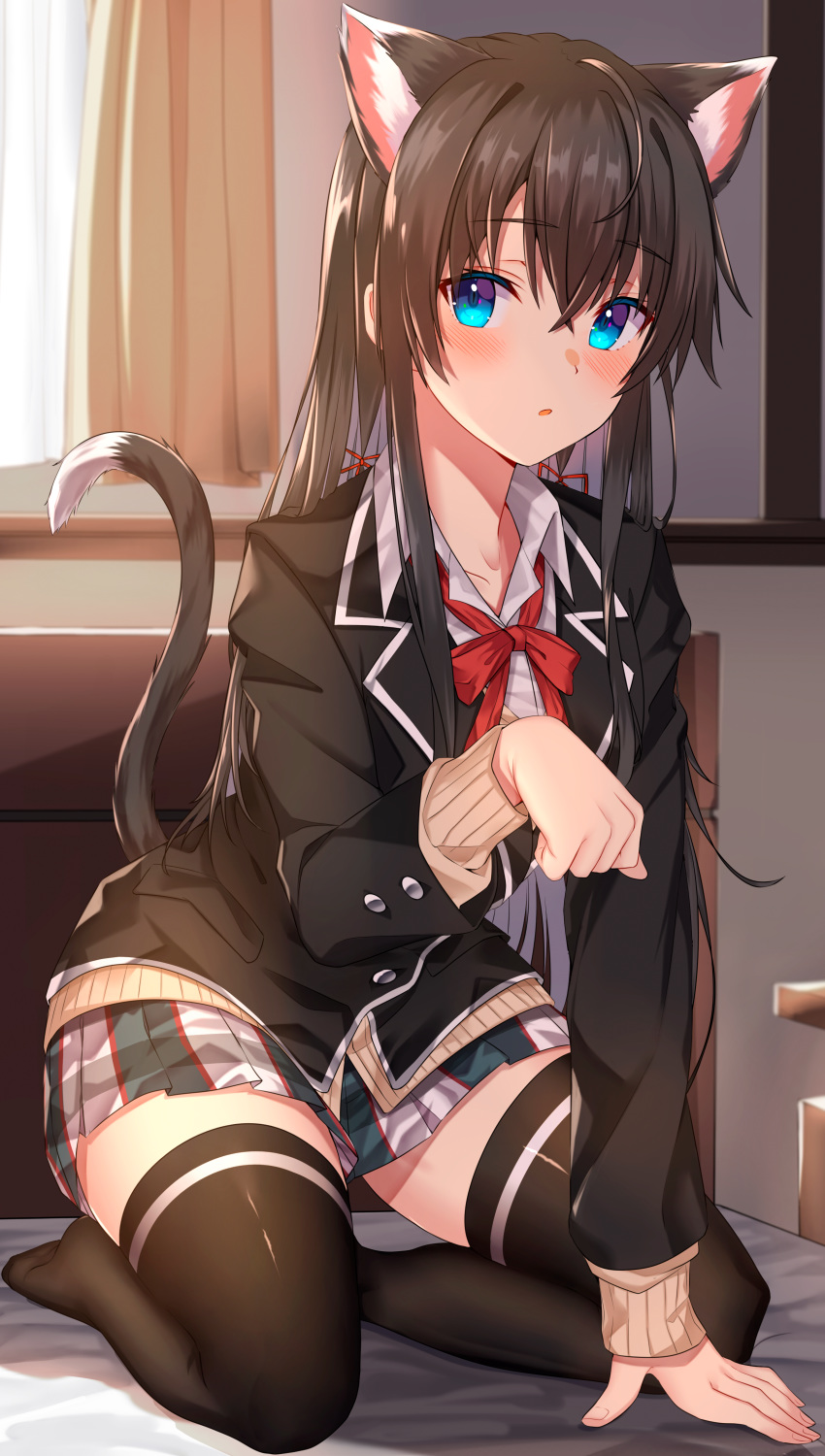 1girl, :o, absurdres, ahoge, animal_ears, bangs, bed, bed_sheet