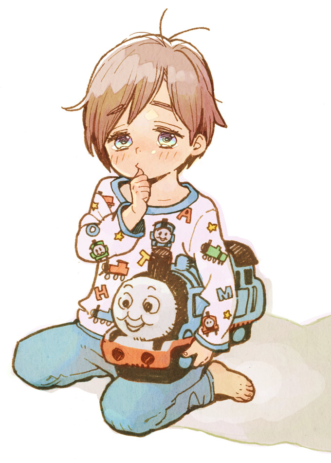 1boy, barefoot, blue_eyes, blush, brown_hair, character_doll, commentary, eyebrows_visible_through_hair