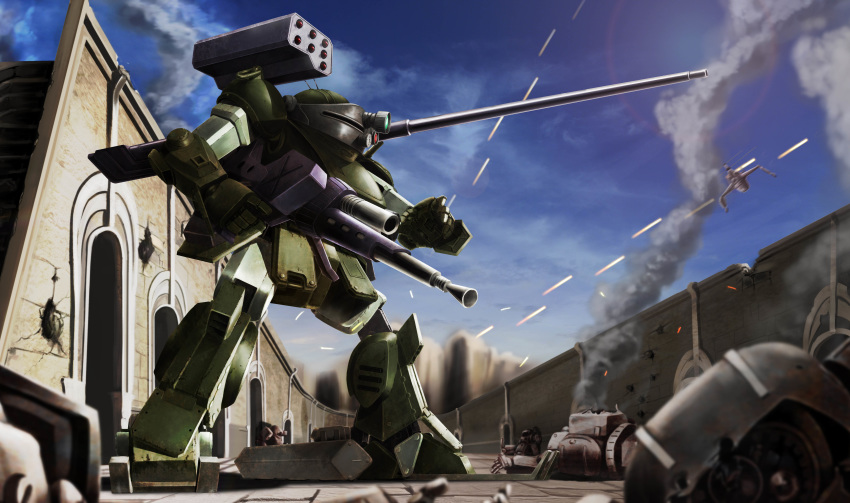 absurdres, burglary_dog, cannon, clouds, damaged, destroyed, firing, gun, gundam710134, highres, machine_gun, mecha, no_humans, robot, rocket_launcher, smoke, soukou_kihei_votoms, soukou_kihei_votoms_the_heretic_saint, weapon