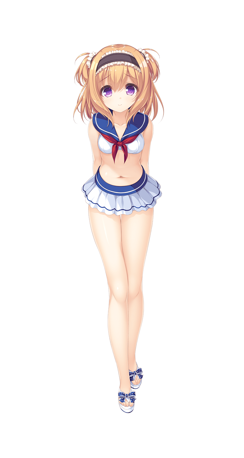 1girl, arms_behind_back, bikini_skirt, eyebrows_visible_through_hair, full_body, hairband, highres, long_hair, looking_at_viewer, mishiro_arisu, official_art, pieces_/_wataridori_no_somnium, sandals, smile, solo, tenmaso, transparent_background, two_side_up, violet_eyes