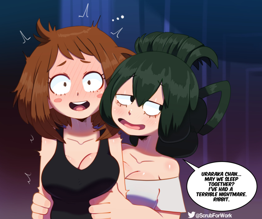 2girls, :d, absurdres, asui_tsuyu, blush, blush_stickers, boku_no_hero_academia, brown_eyes