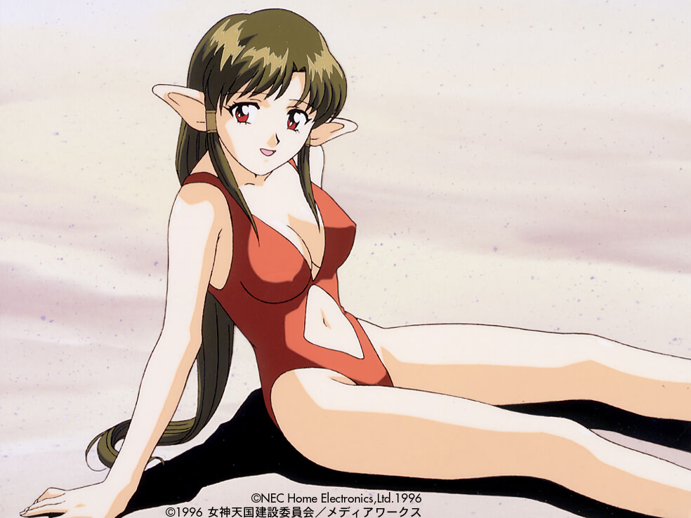 1990s_(style), 1996, anjela, brown_hair, copyright, copyright_name, dated, hair_tubes, long_hair, megami_paradise, navel_cutout, official_art, on_grass, one-piece_swimsuit, open_mouth, pointy_ears, red_eyes, red_swimsuit, sand, sitting, swimsuit
