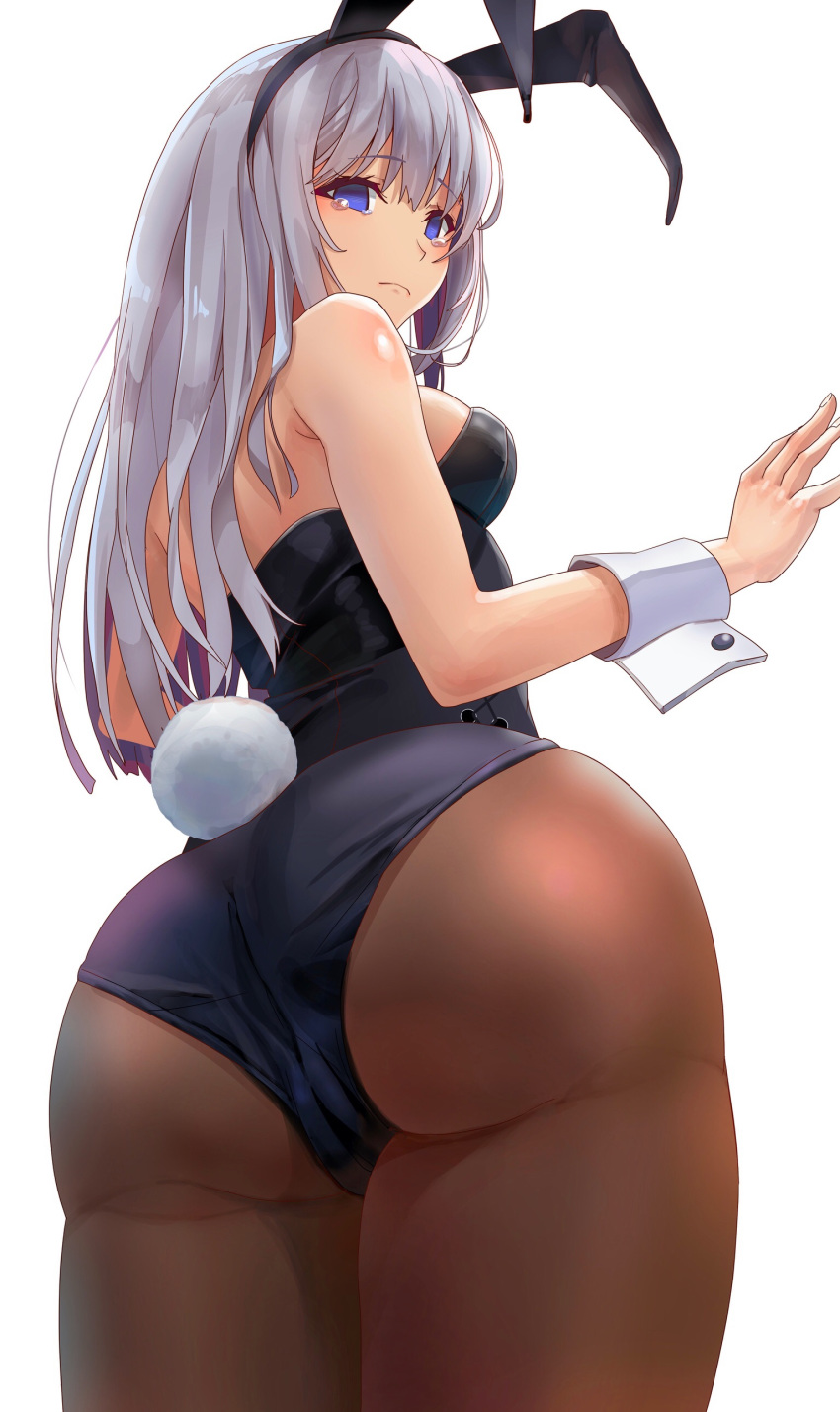 1girl, absurdres, animal_ears, ass, black_leotard, blue_eyes, brown_legwear, bunny_girl