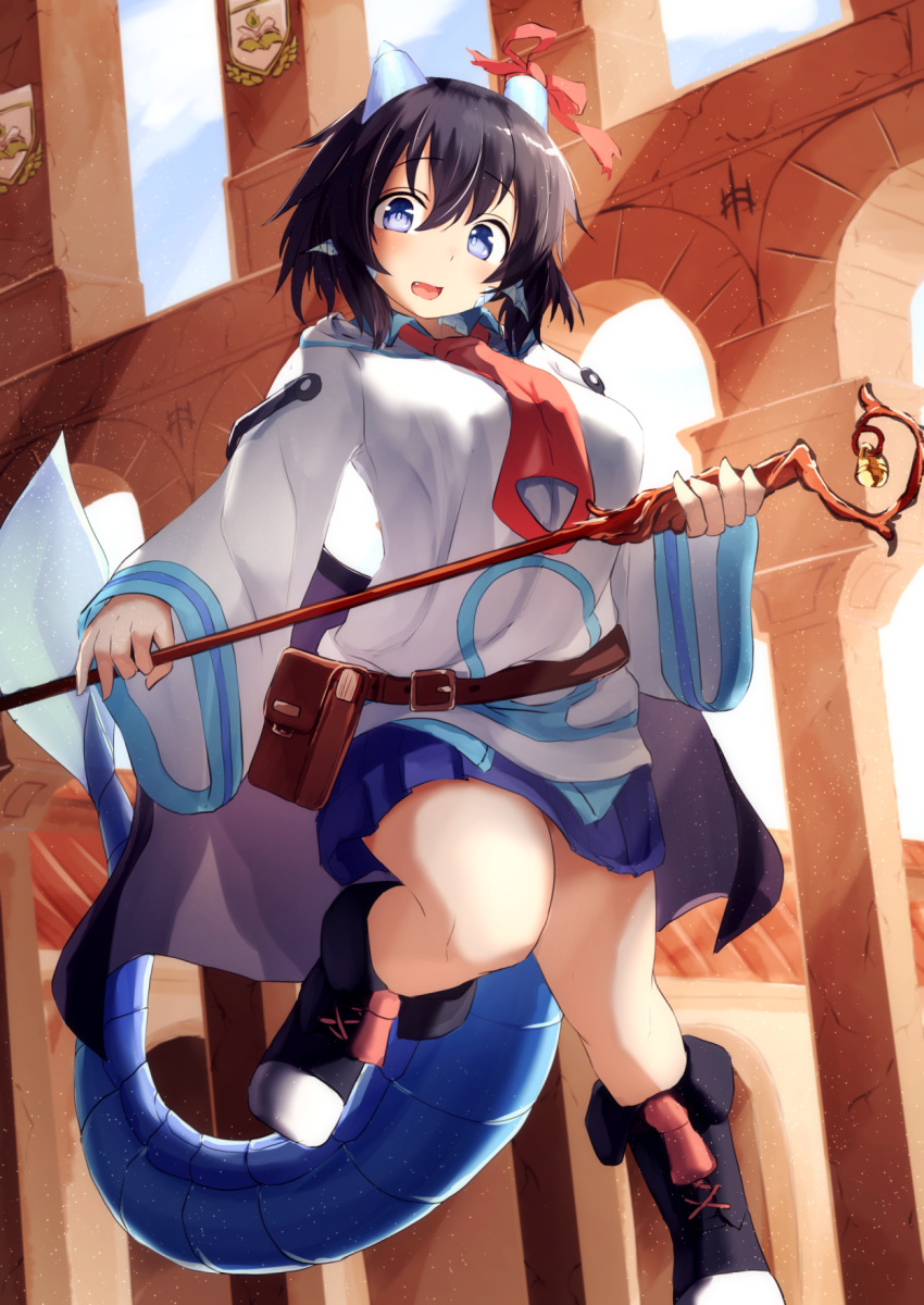 1girl, bangs, black_cape, black_footwear, black_hair, blue_eyes, blue_skirt, blush