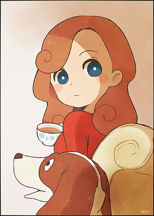 1girl, ayu_(mog), basset_hound, blue_eyes, blush_stickers, bright_pupils, brown_hair, closed_mouth