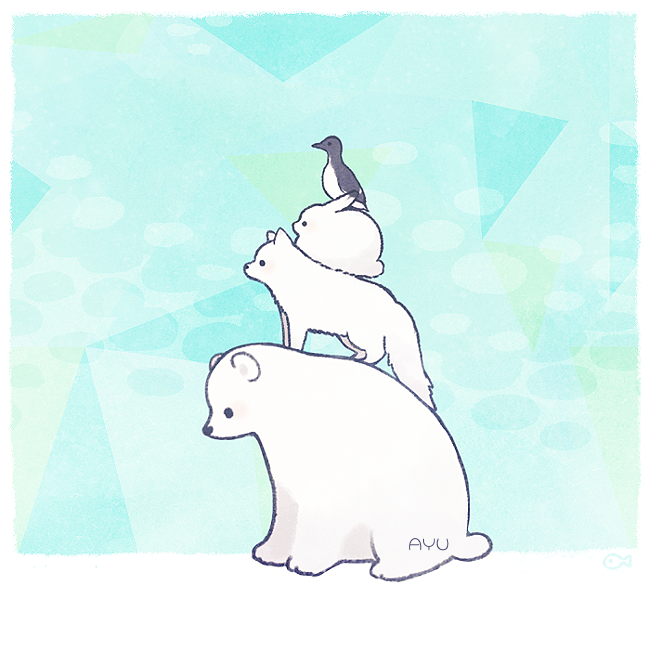 arctic_fox, ayu_(mog), bear, bird, blue_background, fox, from_side, no_humans