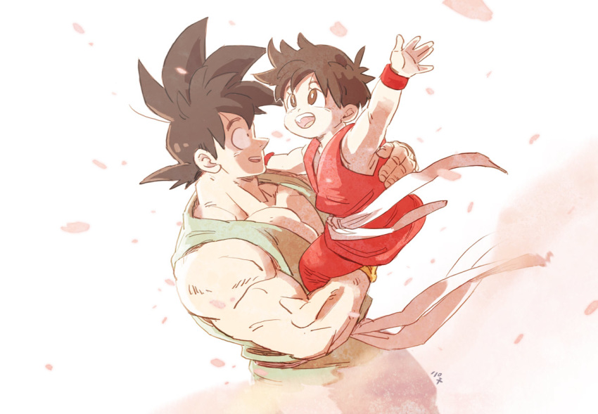 1boy, 1girl, :d, amepati, black_eyes, black_hair, carrying, cherry_blossoms