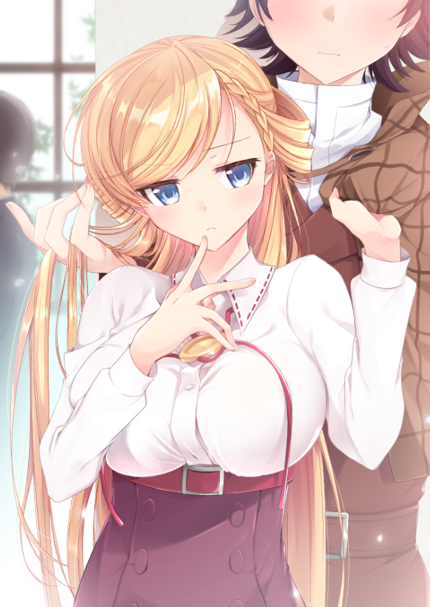 1boy, 1girl, belt, belt_buckle, black_hair, blonde_hair, blue_eyes, blush