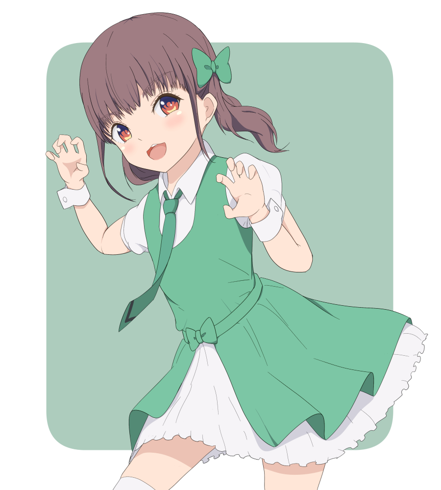 1girl, :3, :d, bow, claw_pose, dress, godoh_(mamurudou), green_background