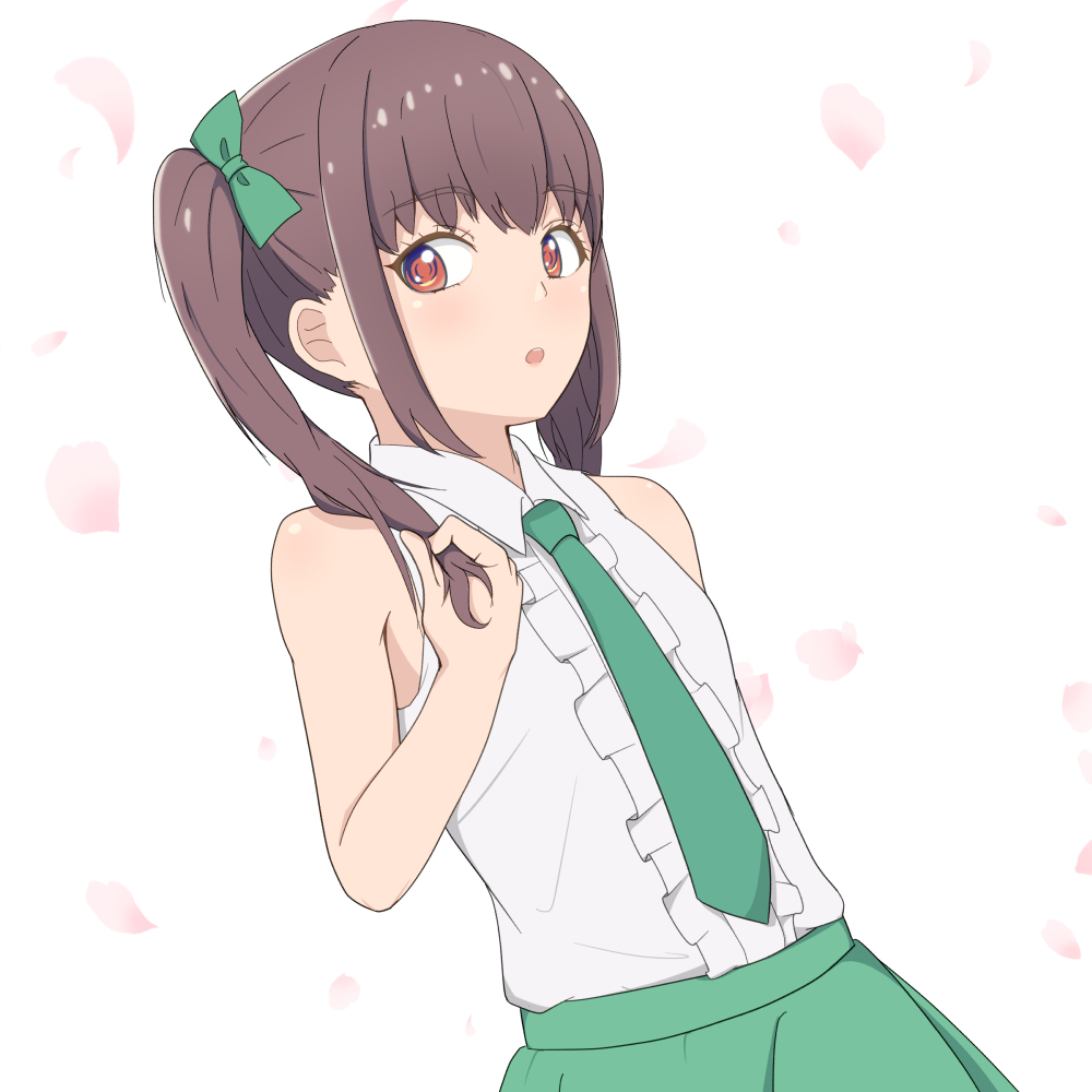 1girl, :o, bow, brown_hair, godoh_(mamurudou), green_bow, green_neckwear, green_skirt