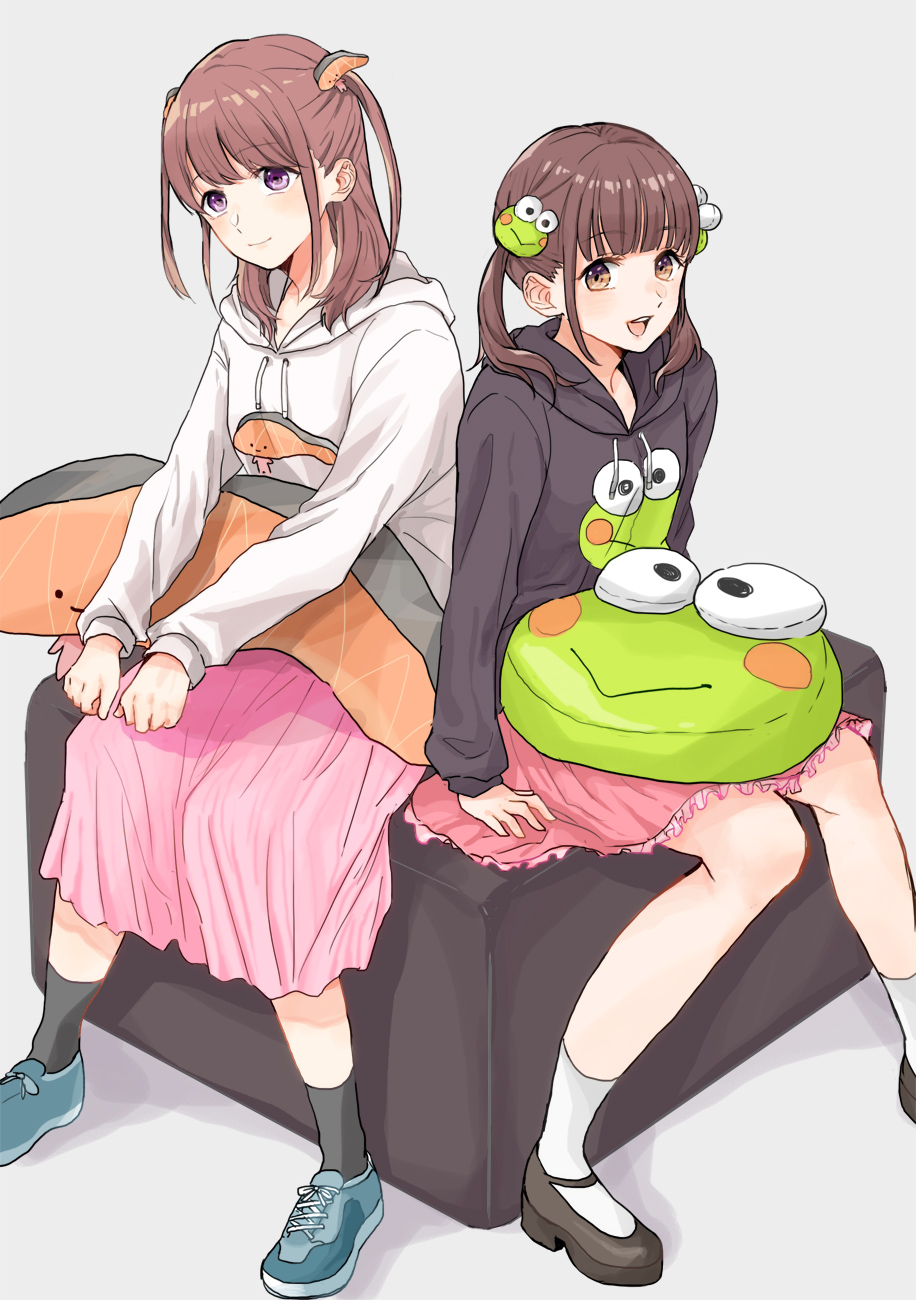 2girls, :d, animal_pillow, black_footwear, black_hoodie, black_legwear, blue_footwear, brown_hair