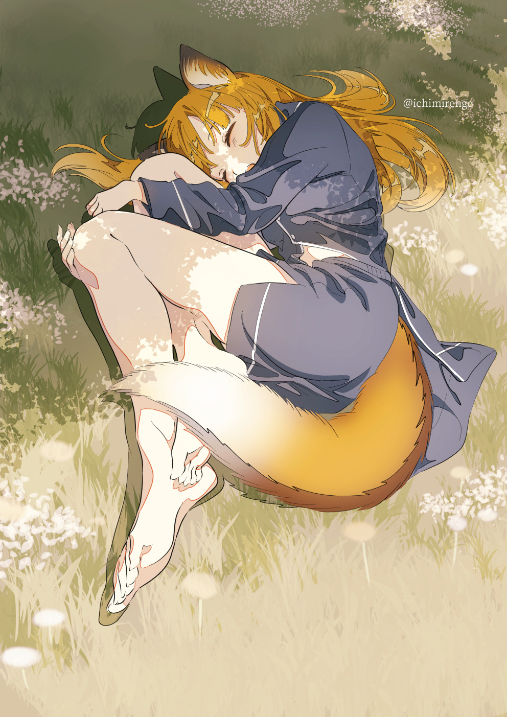 1girl, animal_ears, bangs, bare_legs, barefoot, blue_jacket, blue_skirt, closed_eyes