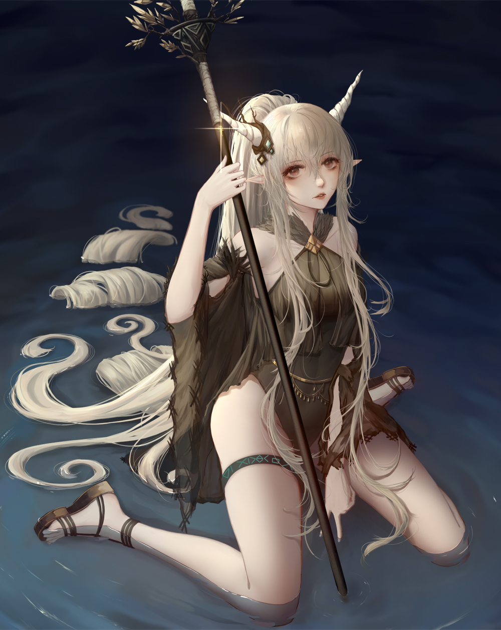 1girl, absurdly_long_hair, arknights, bangs, bare_legs, bare_shoulders, black_footwear, black_leotard