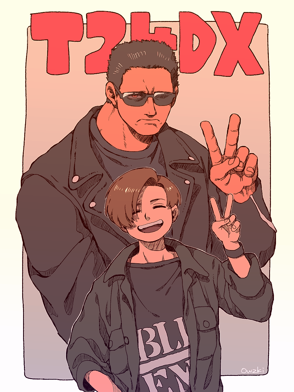 2boys, brown_hair, closed_eyes, commentary, eyes_visible_through_eyewear, highres, jacket, john_connor