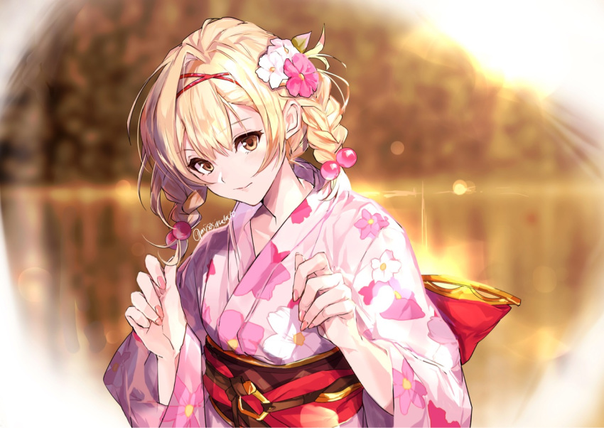 1girl, blonde_hair, braid, djeeta_(granblue_fantasy), floral_print, flower, granblue_fantasy, hair_flower