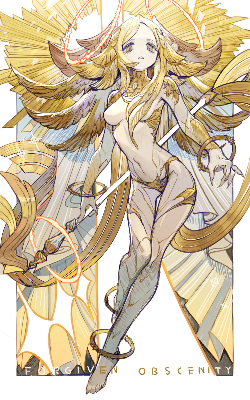 1girl, absurdres, angel_wings, barefoot, claws, final_fantasy, final_fantasy_xiv, fingernails, gold_trim, halo, highres, monster, monster_girl, multiple_wings, navel, rosette_(yankaixuan), seraph, sharp_fingernails, sin_eater_(ff14), staff, white_skin, wings