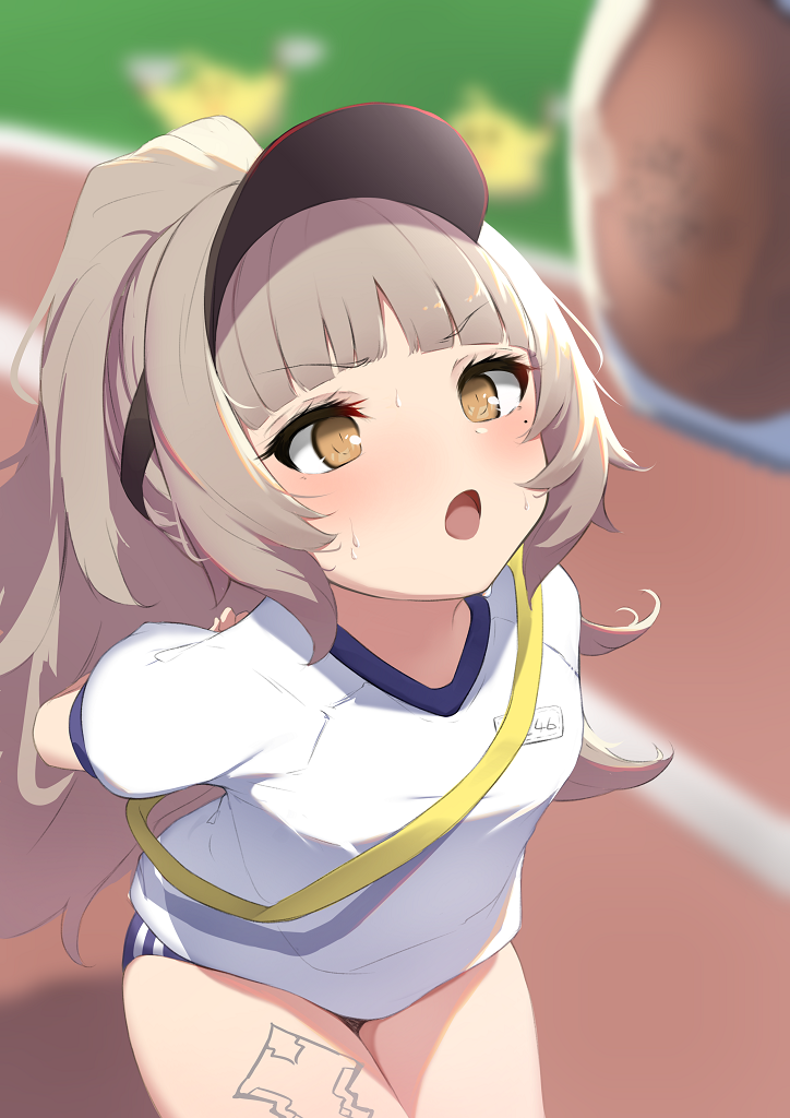 1girl, :o, azur_lane, bangs, blurry_foreground, blush, bread_eating_race, breasts, buruma, gym_shirt, gym_uniform, hat, isobeageage, jumping, long_hair, looking_at_viewer, mole, mole_under_eye, shirt, silver_hair, solo, sports_festival, very_long_hair, visor_cap, yellow_eyes, z46_(azur_lane), z46_(girls'_relay)_(azur_lane)