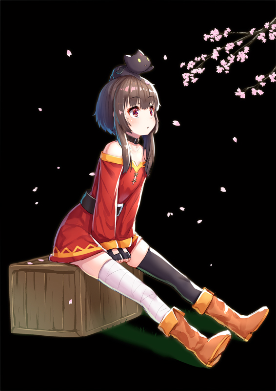1girl, animal_on_head, bandaged_leg, bandages, bangs, bare_shoulders, belt, black_background