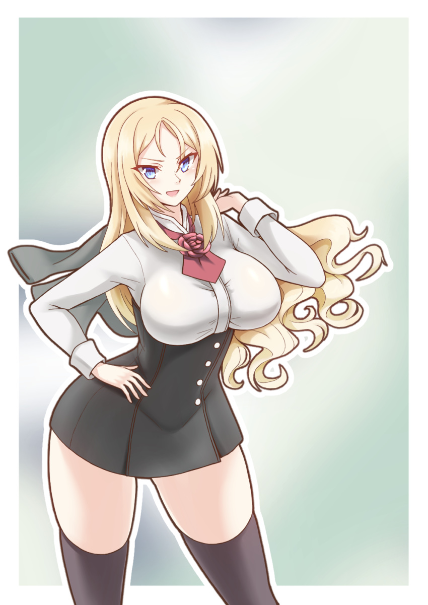 1girl, black_legwear, blonde_hair, blue_eyes, breasts, commentary_request, contrapposto, cowboy_shot